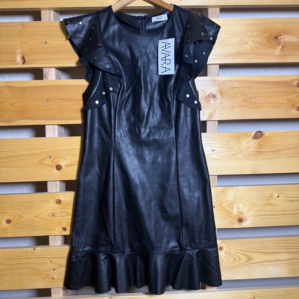 Avara Linda Dress Women Large Black Faux Leather Studded Ruffle Mini Rocker Goth
